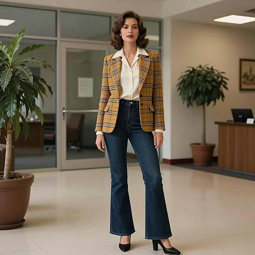 1970s Style Woman in Plaid Blazer and Flared Jeans