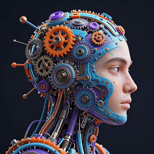 Digital artwork of a human head profile, intricately merged with vibrant gears and mechanical parts in blue, orange, and purple hues.