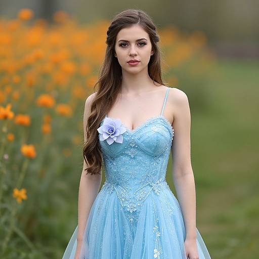 Photograph of a young woman with long brown hair wearing a light blue, lace-embellished, spaghetti-strapped dress with a white flower,