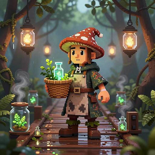 Pixel Art Halfling Herbalist in Mystical Forest