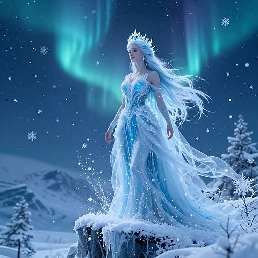 Digital art of a fair-skinned, silver-haired queen in a glowing, icy blue gown, crowned with ice, standing on a snowy cliff under the