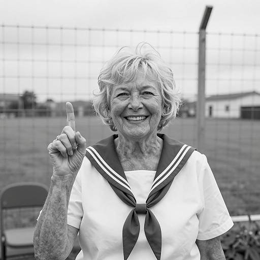 Smiling Older Woman in Sailor Top Holding Finger Up
