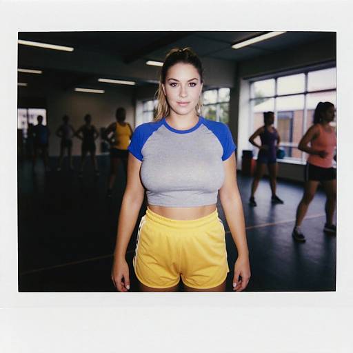 Photograph of a fit woman with light brown hair in a ponytail, wearing a gray-blue crop top and yellow shorts, standing in a dimly