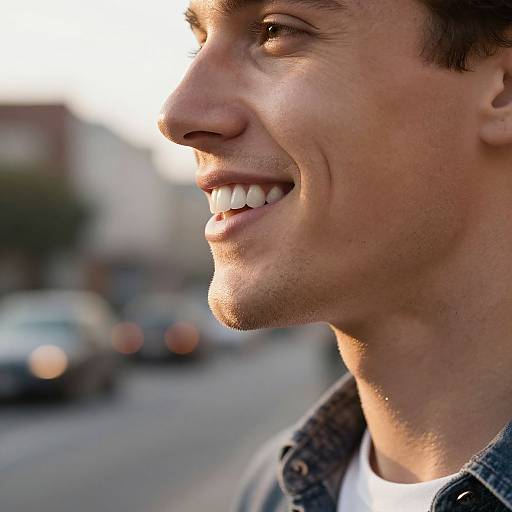 Close-up photograph of a smiling young man with short dark hair, light skin, wearing a denim jacket, in a sunlit urban street background.