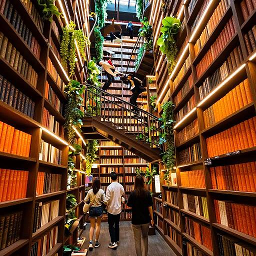 Photograph of a narrow, warmly lit library aisle with wooden shelves filled with orange-spined books, green plants hanging from the ceiling, and people browsing