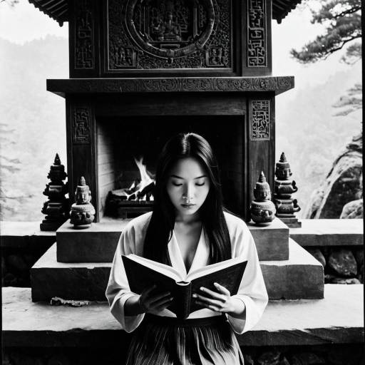 Asian Woman Reading in Buddhist Temple