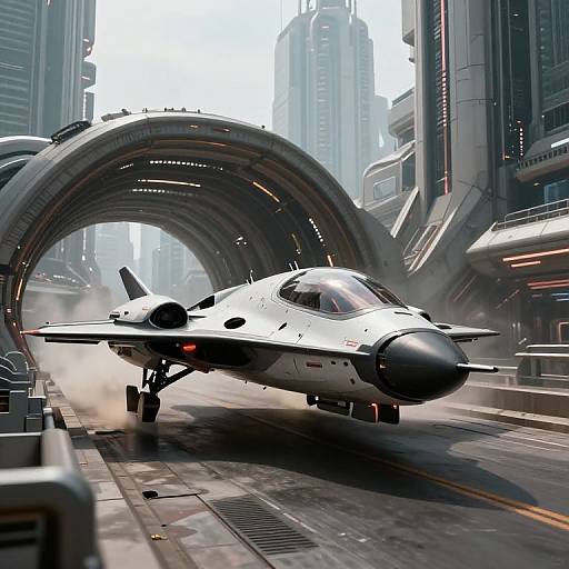 Digital artwork of a sleek, white jet fighter emerging from a massive, curved tunnel in a futuristic, neon-lit cityscape.