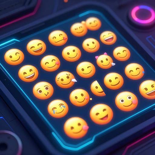 Photograph of a glowing, neon-lit game interface displaying 16 orange smiley faces with various expressions, arranged in a grid on a dark,