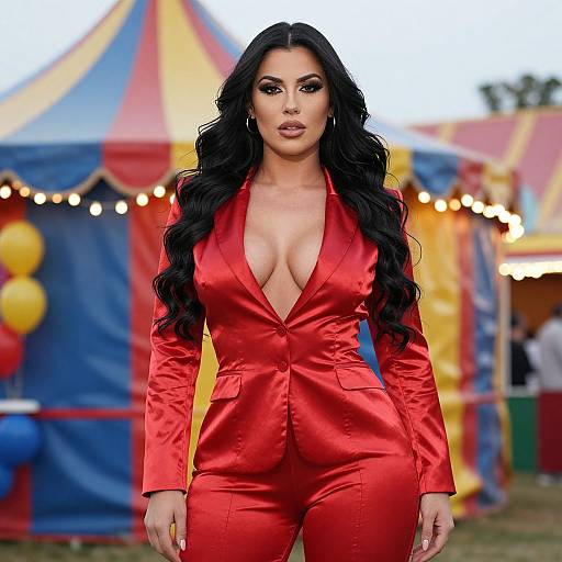 Photograph of a woman with long black hair, wearing a deep V-neck red satin jumpsuit, standing in front of colorful carnival tents.