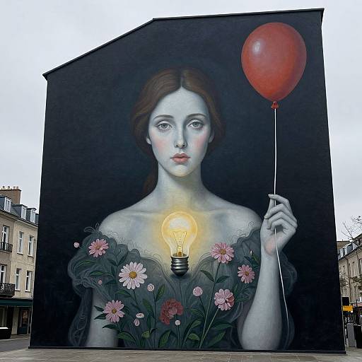 Mural of pale-skinned woman with red hair holding red balloon, light bulb over flowers, against dark background, urban setting.