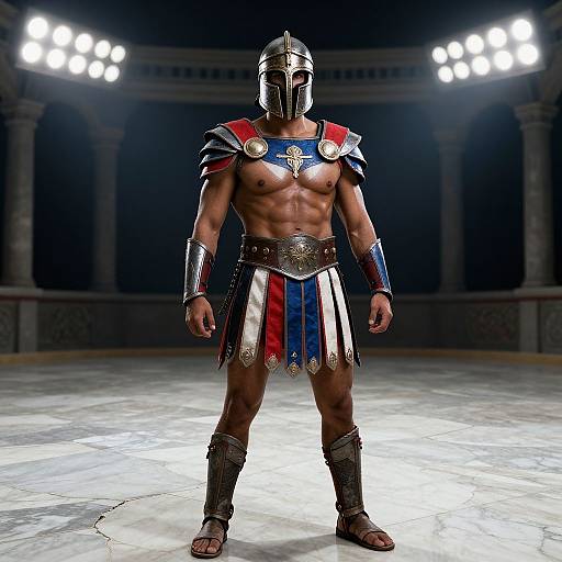 Photograph of a muscular, dark-skinned male gladiator in detailed Roman armor with a helmet, red, white, and blue pleated skirt,