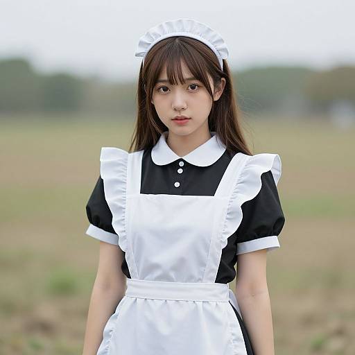 Photograph of an Asian woman with long brown hair, wearing a black and white maid outfit, standing in a blurred, grassy field.