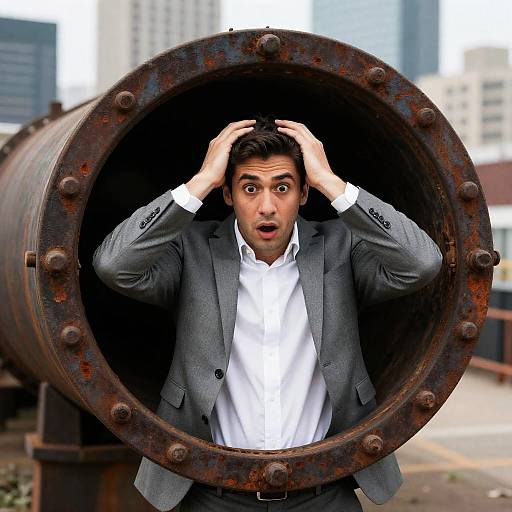 Shocked Man in Rusty Pipe with Skyline