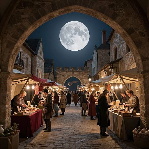 Photograph of a moonlit medieval market under a large stone arch, with vendors and shoppers browsing illuminated stalls, surrounded by historic buildings.