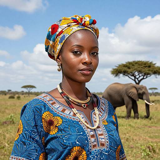 Photograph of a young African woman with dark skin, wearing a colorful headscarf and blue floral dress, standing in a savanna with an elephant