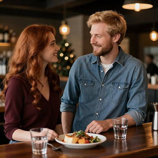Couple Smiling at Bar with Food and Drinks