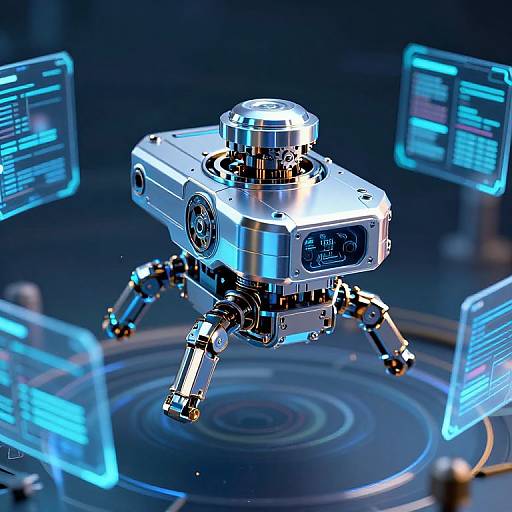 CGI image of a shiny, metallic, quadruped robot with blue-lit screens floating around, hovering over a circular blue platform.