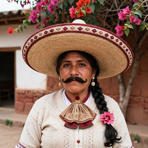 Photograph of a Mexican woman with dark skin, black mustache, long braid, wearing a large traditional straw hat, white embroidered blouse, red