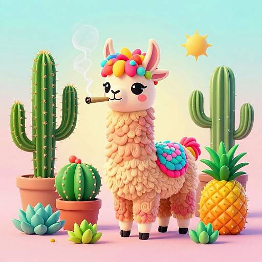 Bright, whimsical digital illustration of a fluffy, multicolored llama with a flower crown, standing beside cacti, a pineapple, and succ