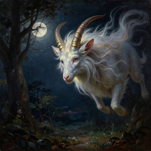 Digital painting of a mystical white goat with glowing eyes and spiraled horns, floating under a full moon in a dark, enchanted forest.