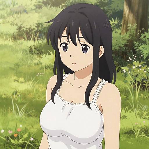 Anime-style digital drawing of a young woman with black hair, large purple eyes, and white sleeveless top, standing in a sunlit, grassy