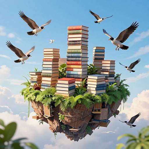 Digital illustration of a floating island made of stacked colorful books, surrounded by flying birds, lush greenery, and a bright blue sky.