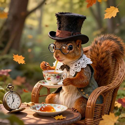 Photorealistic image of a squirrel in a top hat, glasses, and lace collar, sipping tea from a floral cup, sitting in a w