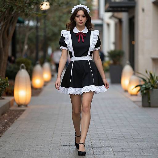 Photograph of a young woman in a black and white French maid outfit with red ribbon, white lace trim, and black shoes, walking down a lit