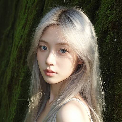 Digital portrait of a young, fair-skinned woman with long, silver-blonde hair, light blue eyes, and soft features, set against a