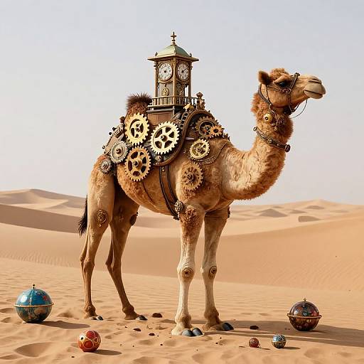 Photograph-style digital artwork of a clock-adorned, gear-encrusted camel standing in a desert with colorful, ornate, spherical objects