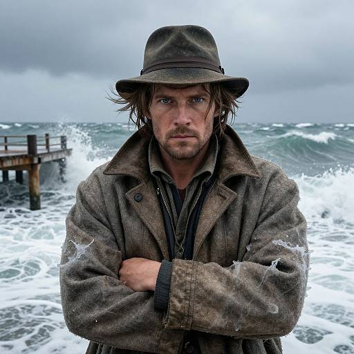 Photograph of a rugged, bearded man with disheveled brown hair, wearing a weathered brown hat and coat, standing with arms crossed against