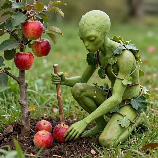 Green Humanoid Tending Apple Tree