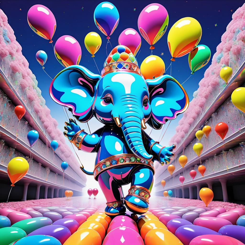 Whimsical Elephant Juggling Neon Balloons