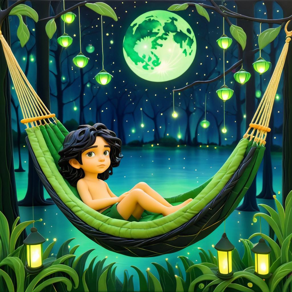 Dreamy Boy in Hammock Under Moonlight