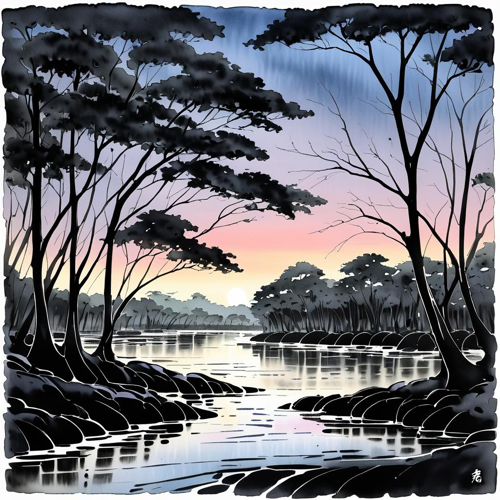 Tranquil Ink Wash of Mangrove Estuary