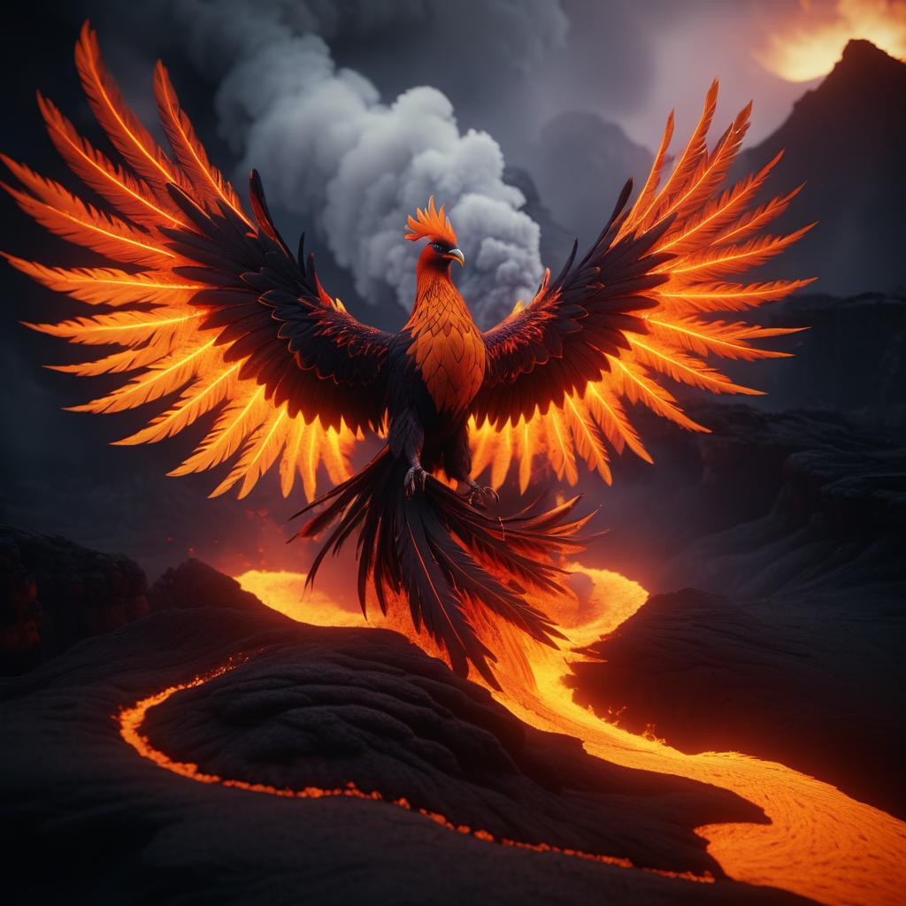 Majestic Phoenix Soaring Over Lava Landscape