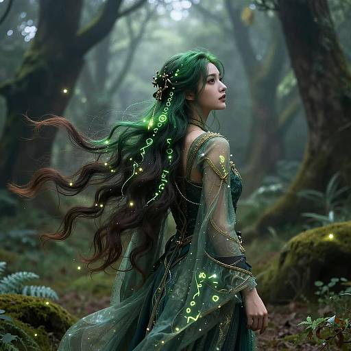 Digital fantasy art of a green-haired woman with glowing, wavy hair, wearing a translucent dress with neon symbols, in a misty forest.