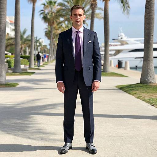 Photograph of a tall, handsome man in a black suit, white shirt, purple tie, standing on a sunny, palm-tree-lined pathway.