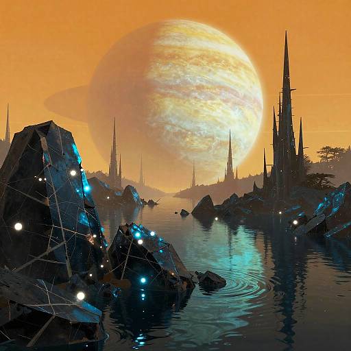 Futuristic Alien Nightscape with Gas Giant