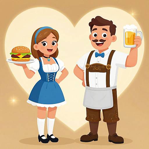 Cartoon image of a smiling man in lederhosen and white apron holding beer, and a woman in blue dirndl holding burger, against
