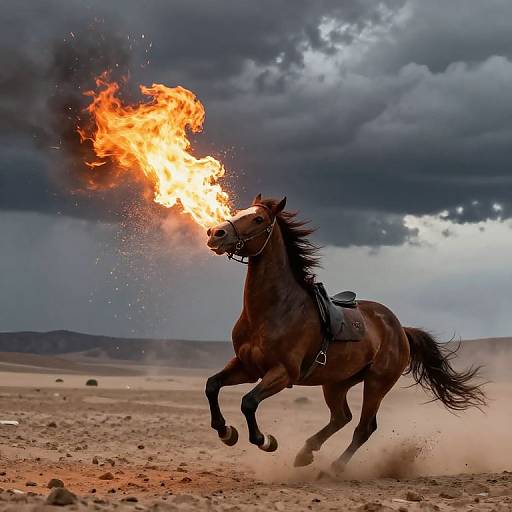 Photograph of a brown horse with a blazing fire erupting from its nostrils, rearing on a dusty, barren desert under a dramatic, cloud