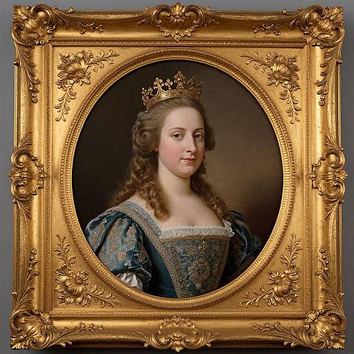 Photograph of a portrait in an ornate, gold-framed oval mirror. The subject is a fair-skinned, brown-haired woman with a crown