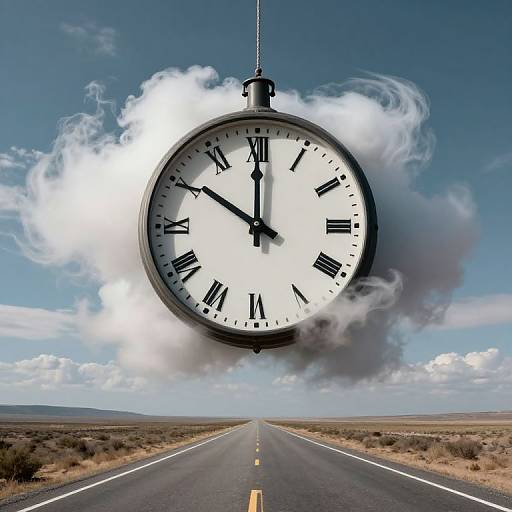 Photograph of a large, floating clock with Roman numerals, suspended above a deserted, straight road in a vast, cloud-filled sky.