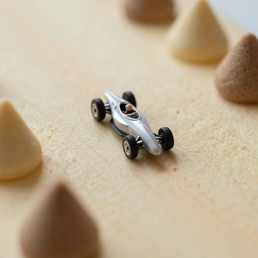 Photograph of a small, silver and black toy Formula 1 car on a textured beige surface with blurred, cone-shaped objects in the background.