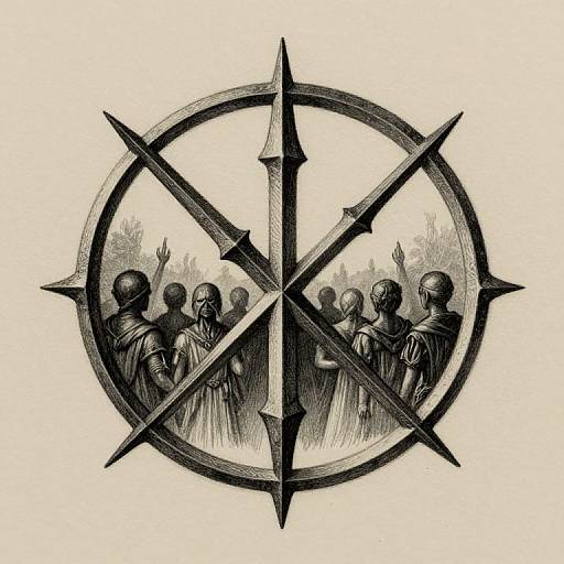 Intricate black-and-white illustration of six robed figures with raised hands inside a spiked circular compass rose, divided into four quadrants.