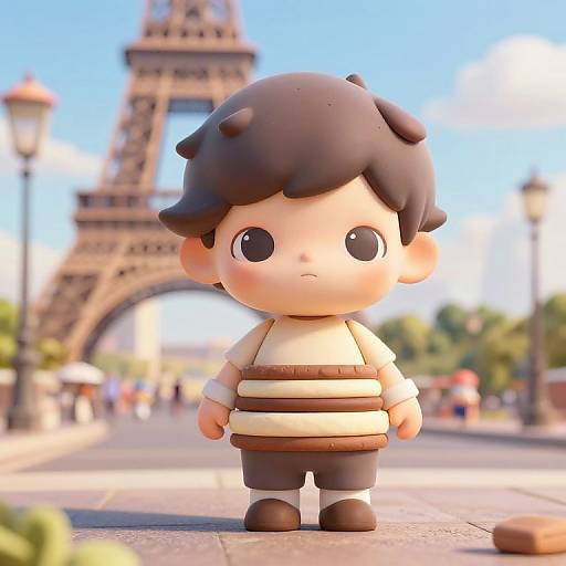CGI image of a cute, chubby, black-haired boy with large eyes, wearing a striped shirt and brown pants, standing in front of the E