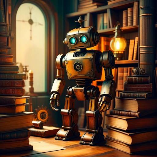 Cozy Steampunk Library with Wooden Robot