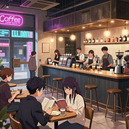 Anime-style digital illustration of a cozy café with neon lights, four baristas, and three customers reading or chatting at tables.