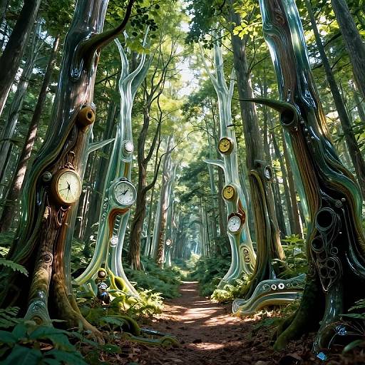 Photorealistic CGI forest scene with twisted, glowing, clock-faced trees illuminated by sunlight, creating a magical, surreal atmosphere on a sunlit path.