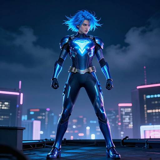 CGI image of a blue-haired superhero in a neon blue, black, and metallic bodysuit with glowing accents, standing confidently in a futuristic city